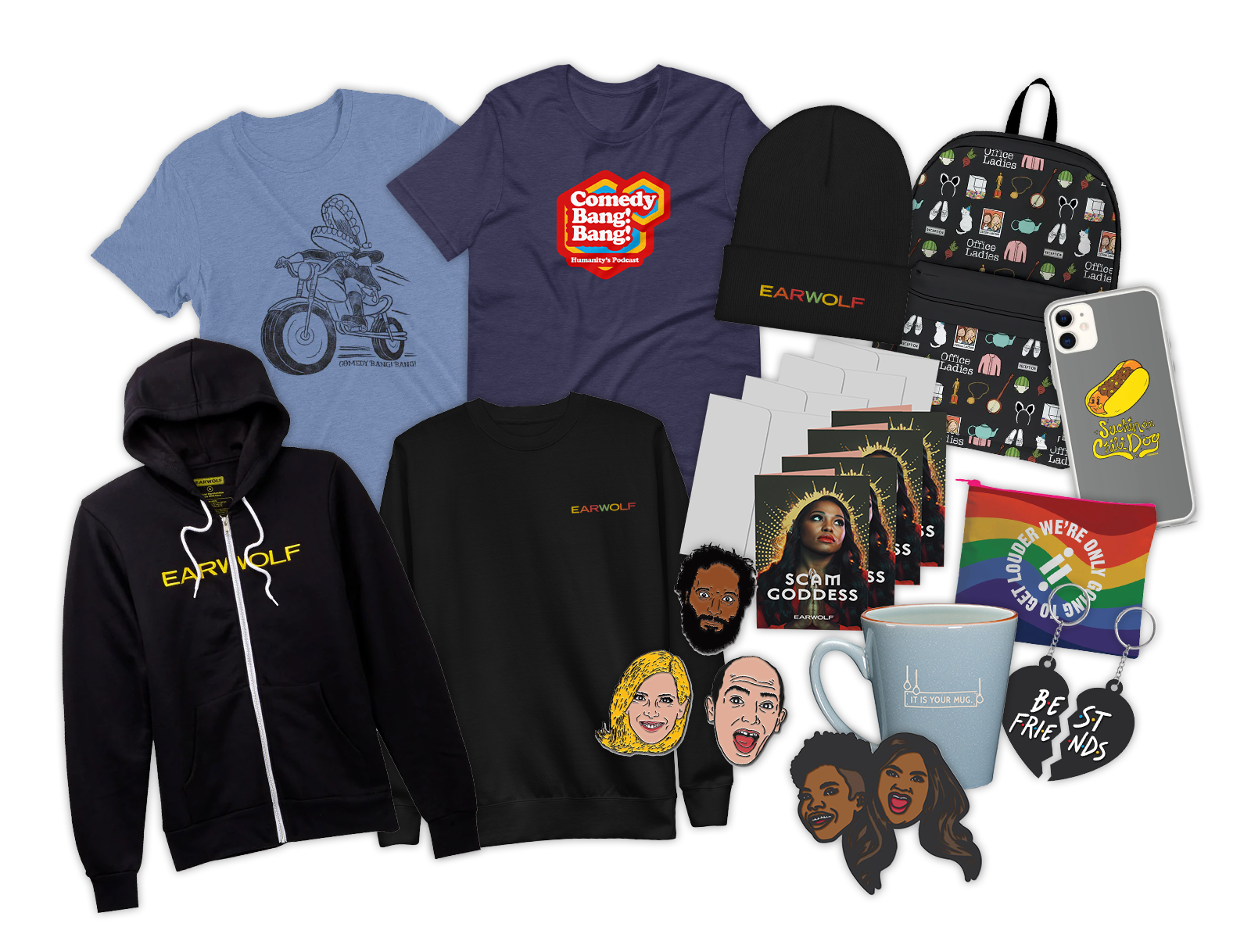 A collage of various Earwolf merch items.